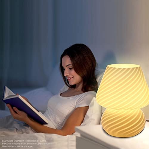 BSOD Mushroom lamp,Glass Mushroom Bedside Table Lamp Translucent Murano Vintage Style Striped Small Nightstand Desklamp Swirl Light for Home Decor, Dining, Living, Bedroom, Gift (Matte White) - Image 3