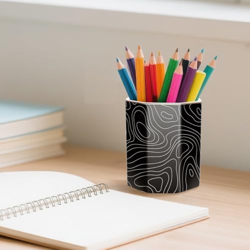 Black Pen Holder, Pencil Cup for Desk, Cute Desk Organizer, Durable Ceramic Decorative Makeup Brush Desktop Accessories, Stylish Stationery for Office, Home, Abstract Pattern - Image 5
