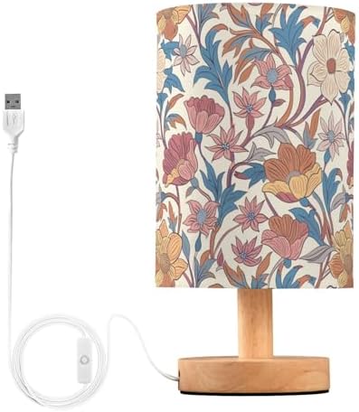 Vintage Floral Leaves Retro Farmhouse Table Lamp for Bedroom USB Port Lamps Small Accent Table Lamp Nightstand Lamp Sturdy Linen Shade Wooden Base Decorative Lamps for Bedside Reading|Kids|Dorm|Home by Fustylead