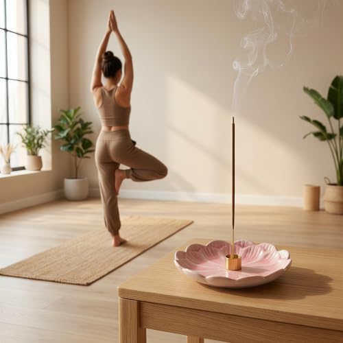 Pinehaven Pink Lotus Incense Holder for Sticks, 5.5 Inch Hand-Sculpted Ceramic Ash Catcher with 9-Hole Brass Insert – Cute Flower Incense Burner for Meditation, Yoga & Japanese Zen Home Décor - Image 2