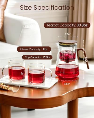 ZENS Magnetic Glass Teapot with Infuser and 2 Cups for Loose Tea, 34oz - Image 4