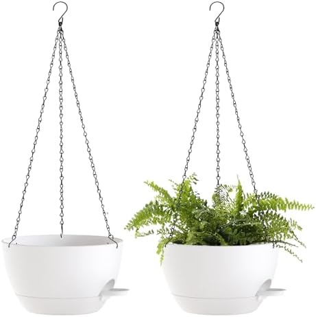 10 Inch Hanging Baskets 2 PC with Chains, Self-Watering Hanging Planters for Indoor Outdoor Plants, Plastic Hanging Flower Pots,White by SQKH