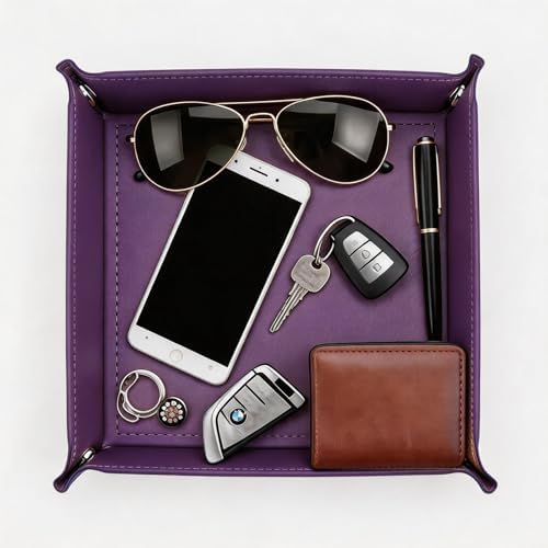 Valet Tray Desktop Storage Organizer – Vegan Leather Catchall Tray Bedside Vanity Tray Nightstand Caddy Holder for Remote Controller, Watch, Keys, Phone, Wallet, Coin, Jewelry, Purple - Image 4