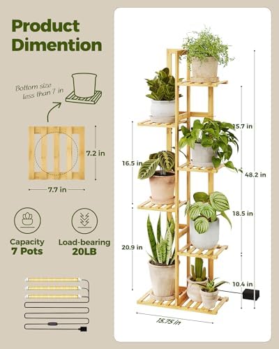 Bamworld Bamboo Plant Stand with Grow Light, 6 Tiered Plant Shelf 48 Inch - Image 2