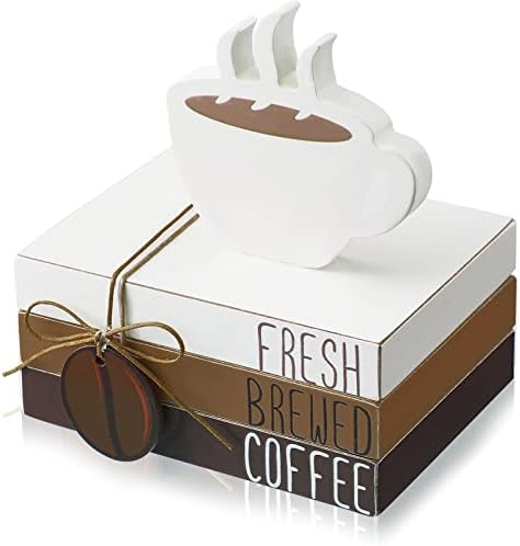 Yookeer 4 Pcs Coffee Bar Decor Accessories Coffee Signs Mini Wooden Book Stacks Cafe Shop Decoration for Tiered Tray Table Shelf Rustic Farmhouse Home Decor by Yookeer