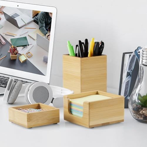 Desk Organizer Set of 3 - Bamboo Office Desk Accessories - Desk Organizers and Accessories for Women Men - Set incl. Pencil Pen Holder, Paperclip Storage and Sticky Note Holder - Image 6
