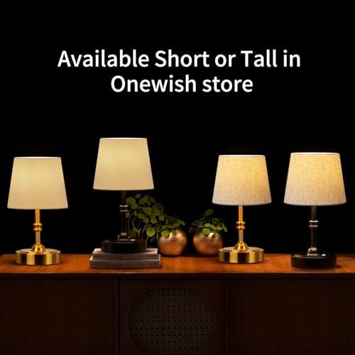 ONEWISH Small Cordless Lamp, Battery Operated Table lamp Dimmable, 4000mAh Rechargeable, Touch Bedside Lamp with Beige Linen Fabric Shade, 2700K Bulb Included, for Dining, Patio, Bathroom(Gold) - Image 4