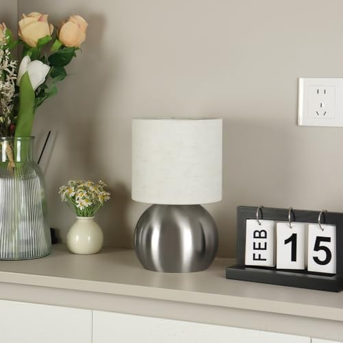 Modern Silvery Small Table Lamp with Cotton Linen Shade, 6.2×6.2×10.4 inch LED Desk Light, One-Button Switch for Bedroom, Living Room, Nightstand, Includes Warm Light Bulb by LAMP
