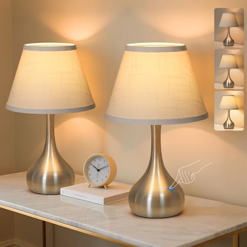 Touch Table Lamp for Bedroom Set of 2, 3-Way Dimmable Bedside Lamp for Nightstand, 17” Modern Metal Desk Lamp with Linen Shade for Living Room, Kids Reading, Dorm, Home Office Decor, Bulb Included by PARTPHONER