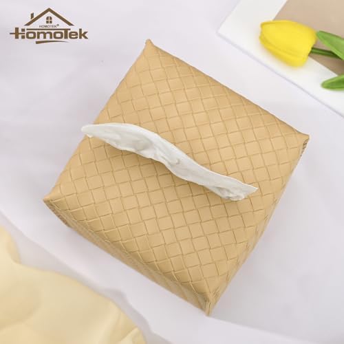 HOMOTEK 2 Pack Tissue Box Cover, Square PU Leather Tissue Holder, Decorative Facial Tissue Cube Paper Organizer Dispenser for Bathroom, Night Stands, Desk, Car 5X5X5'' - Woven Waffle,Camel - Image 2