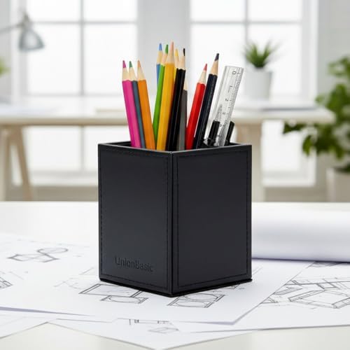 UnionBasic Square Pen Holder, Leather Pencil Cup, Desktop Caddy Stationery Organizer, Black - Image 5