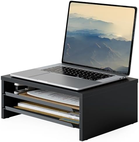 Fenge 14.3-Inch Monitor Stand with Slide-Out Trays, Wood & Metal Desk Shelf by Fenge