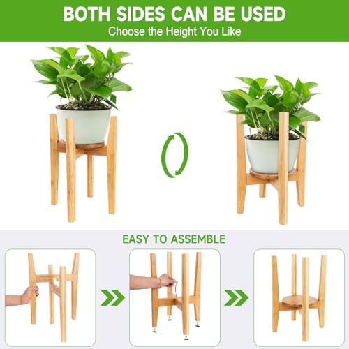 2 Packs Adjustable Plant Stand with Tray,Indoor Wood Plant Stand Fit 8'' to 12'' Planter,Mid Century Modern Flower Pot Holder Rack(Plant and Pot Not Included) Natural - Image 2