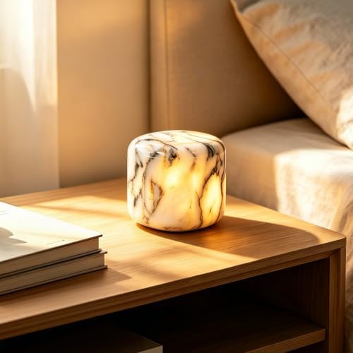 Natural Marble Lamp Cordless Touch Control Night Light 3-Way Dimmable Pat Light LED Ambient Glow Lamp Type-C Rechargeable Portable Stone Bedside Desk Lamp Zen Home Decor (Gold Calacatta) by Boeavance