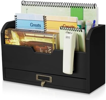 Flexzion Wood Desk Organizer, 3-Tier Mail Organizer w/Drawer, Light Brown by Flexzion