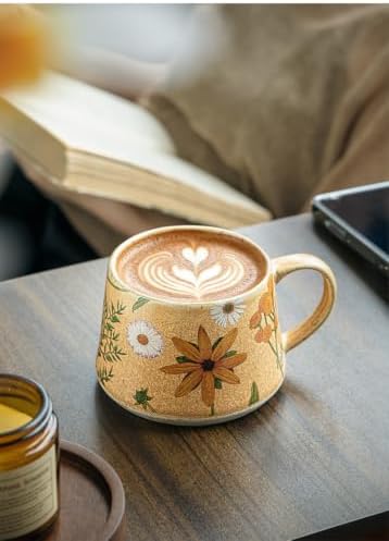 16OZ Ceramic Coffee Latte Mug, Cute Cup for Women, Ideal for Green Tea or Coffee,Hand Painted Floral Design Pottery Mug (sunflower) - Image 3