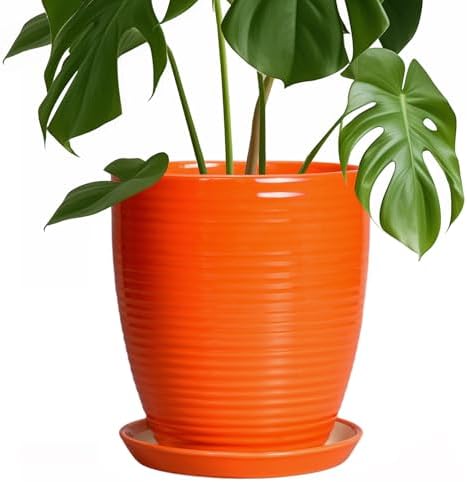 8 Inch Plant Pot, Ceramic Planters for Plants with Drainage and Saucer, Orange by EPFamily