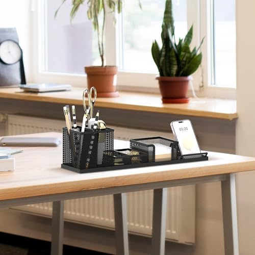 Pen Holder for Desk, 6-Piece Mesh Desk Organizer with Phone Holder, Black - Image 6