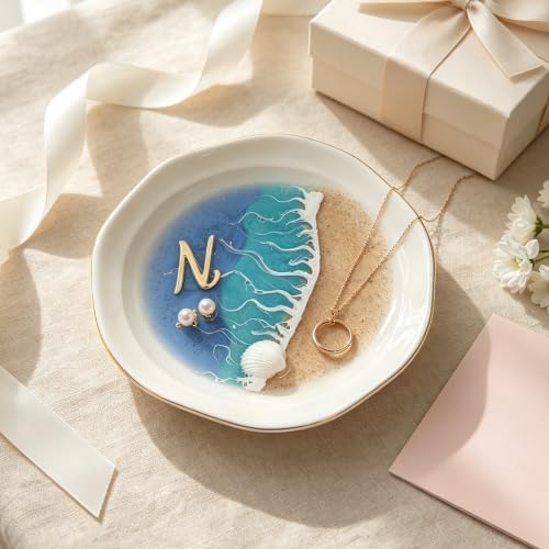 Beach Wave Jewelry Holder, Ocean Resin Ceramic Jewelry Tray, Gold Trim Ring Dish Earring Organizer, Small Decorative Trinket Dish for Vanity Bathroom Bedroom (N) by Unknown