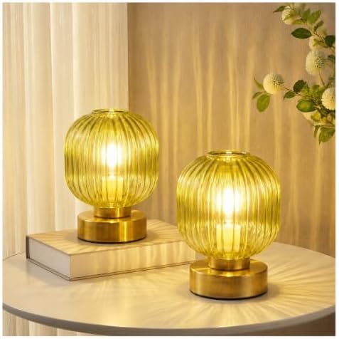 Elenhome Green Touch Glass Table Lamp Set of 2, 3-Way Dimmable Bedside Lamps, Vintage Mid-Century Modern Nightstand Lamps for Bedroom and Living Room, Ambient Mood Lighting, LED Bulb Included by Elenhome