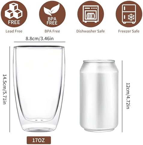 MESNEY 17oz Double Walled Glass Coffee Mugs, Insulated Clear Cappuccino Latte Glass Coffee Mugs for Home, Cafe & Restaurant, Durable Stackable Drinking Glasses - Image 2