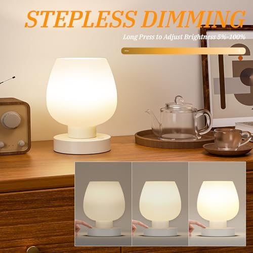 Seealle Cordless Touch Table Lamp for Nightstand - Small Bedside Lamp for Bedroom Night Stands, Desk Lamp with White Glass Shade for Small Spaces Living Room, Stepless Dimmable, LED Bulbs, Gifts - Image 2