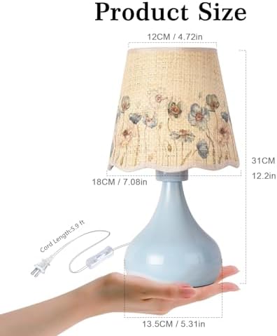 Ziqqeelam Blue Small Bedside Cute Table Lamp for Bedroom, Table Lamps for Nightstand, Scalloped Rattan Shade Table Lamps for Small Spaces for Bedroom, Home Office, Living Room - Image 2