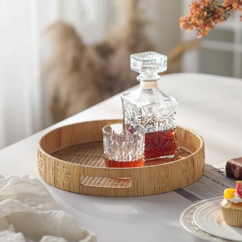 Round Rattan Tray for Coffee Table, Large Woven Decorative Tray, Wicker Serving Trays with Handles for Home and Kitchen Decor 13.2 inch - Image 6
