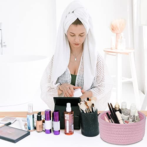 ABenkle Small Woven Basket, Empty Tiny Shallow Storage Baskets, Mini Cotton Rope Baskets, Round Decorative Hamper, Basket Storage Bins for Toys, Spa, Socks, Nursery, Living Room- Pink - Image 4