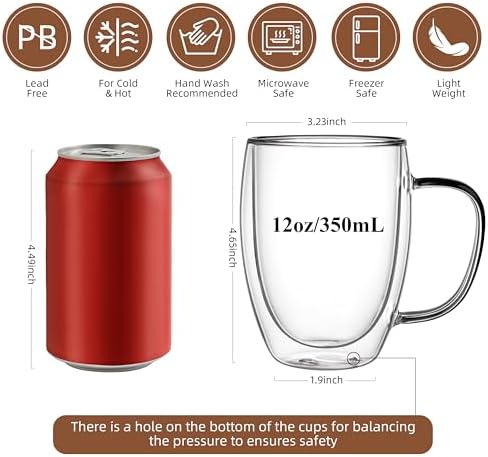 CNGLASS 6 Pack Double Walled Glass Coffee Mugs，12oz Clear Coffee Cups with Handle，Insulated Glass Espresso Mugs for Latte,Cappuccino,Tea - Image 2