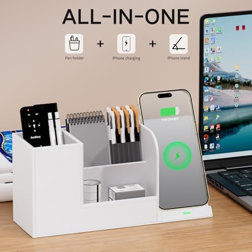 Multi-Functional Pencil Holder for Desk, Desk Organizers and Accessories with 4 Compartments for Office Art Supplies,Desk Phone Stand Charger for Desktop/Counter,Wihte Office Storage for Pens, Keys - Image 3