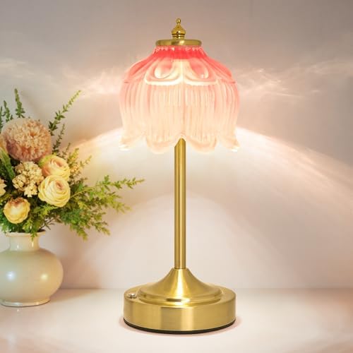 Cordless Table Lamp, Rechargeable Blush Pink Glass Lotus Flower Lamp by Unknown