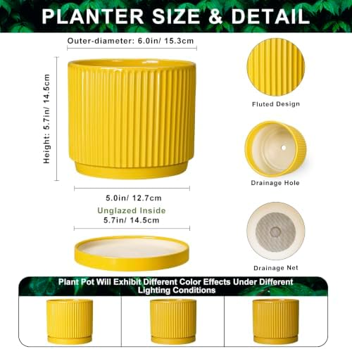 6 Inch Pots for Plants, Ceramic Planters with Saucer, Yellow - Image 2
