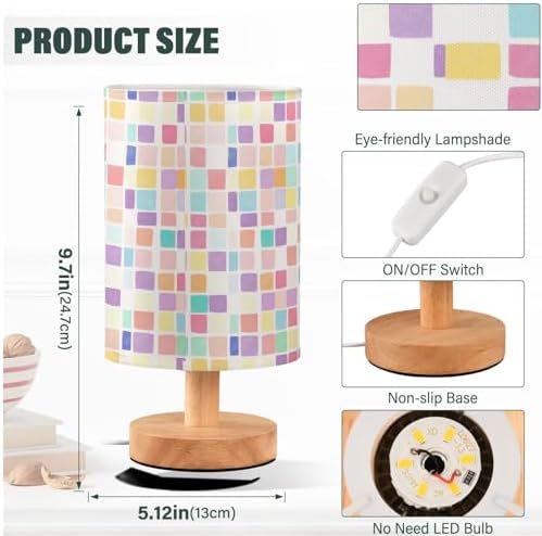 Pastel Checkered Rainbow Mosaic Bedside Table Lamps with USB Port for Bedroom Lamp Table Lamp Small Nightstand Lamp Sturdy Linen Shade Wooden Decorative Lamps for Home Dorm Office Living Room - Image 4