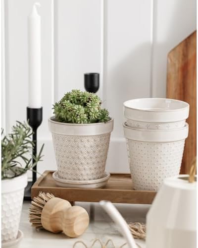 Ceramic Succulent Pots with Drainage Hole & Saucer, 4 Inch Small Plant Pots, Ceramic Planter for Indoor Plants, Embossed Flower Pots, Home Decor, Set of 4, Off-White - Image 3