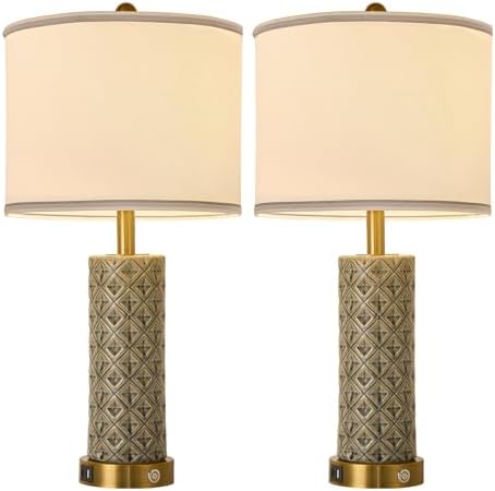 Set of 2 Table Lamp for Living Room Bedroom Farmhouse,26'' Touch Control Bedroom Smoke Grey Ceramic Lamps 3-Way Dimmable Bedside Lamps with USB A+C Ports Linen Shade for Home by Illuminatingyoumeandhim