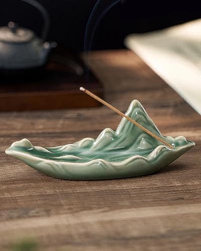 Zen Incense Stick Holder with Ash Catcher – Chinese Rivers & Mountains Landscape Ceramic Boat Incense Burner for Home, Spa, Meditation, Yoga by Teavor