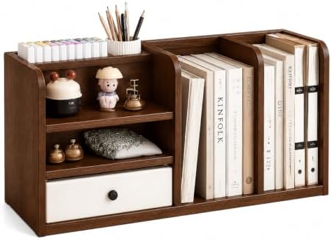 Desktop Organizer with Drawer & Dual File Compartments, Multi-Functional MDF Desk Storage Rack with 3-Tier Shelves and Pen Holder, Space Saving Desk Organizer 22.0×10.6×6.7 Inch for Study Room by Unknown