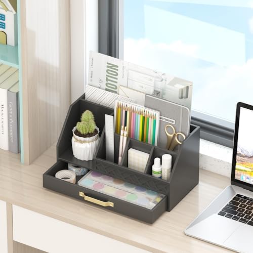 Bamboo Desk Organizer with Drawers, Mail Organizer Countertop Wood Desk Drawer Tabletop Storage Organization Pen Holder Letter Sorter Makeup Organizer for School Home Office (Black) - Image 4