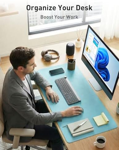 Aothia Faux Leather Desk Mat - Non-Slip PU Leather Desk Blotter, Waterproof Writing Surface, Large Desk Pad for Office & Home (Blue Topaz, 55" x 24") - Image 3