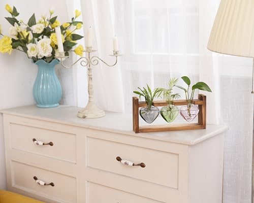 Kingbuy 3-Heart Plant Terrarium Kit - Stained Glass Vase Propagation Station with Vintage Wood Stand - Wall-Mounted & Tabletop Indoor Garden Decor for Home Kitchen Wedding (Grey, Green, Pink) - Image 6