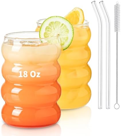KEMORELA 2PCS Wave Bubble Beverage Glasses With Straws, 18 Oz Vintage Glass Cups, Aesthetic Iced Coffee Glasses, Ripple Glassware, Beer Glasses - Stylish Drinkware for Every Occasion by KEMORELA