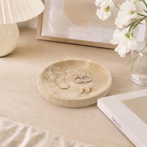 Small Natural Marble Jewelry Tray Key Plate Holder Dish Trinket Decor Catch All Bowl for Ring Earring Stone Gift for Women Daugther,Beige Travertine，5.5" - Image 5