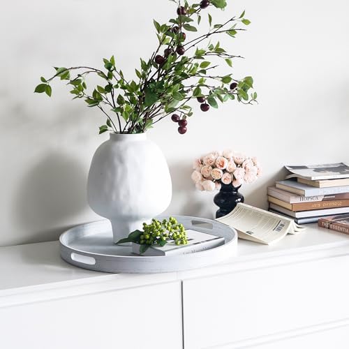 19.6" Extra Large Round Wooden Decorative Tray with Handles,White - Image 2