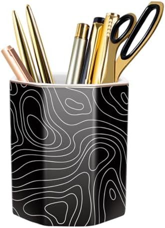 Black Pen Holder, Pencil Cup for Desk, Cute Desk Organizer, Durable Ceramic Decorative Makeup Brush Desktop Accessories, Stylish Stationery for Office, Home, Abstract Pattern by WAVEYU