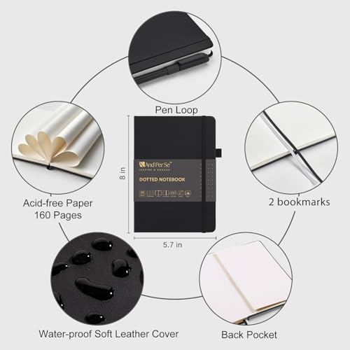 &And Per Se Dotted Notebook with Pen, A5 Hardcover Dotted Journal, 160 Pages 100GSM Thick Paper Dot Grid Journal with Fineliner Pen (Black) - Image 2