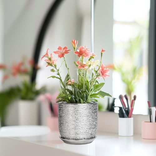 Ceramic Plant Pot 5 Inch - Indoor Planter with Drainage Hole and Saucer, Round Modern Flower Pot for Succulent Plants, Housewarming Gifts, Office Home Desk Decor, Silver - Image 6