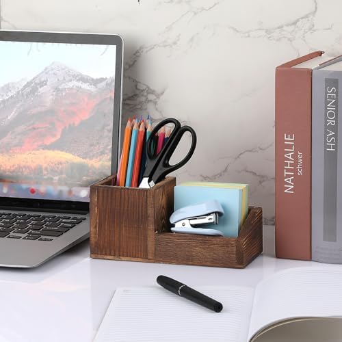 Hipiwe Vintage Wood Business Card Holder Stand for Desk with Pen Pencil Cup - Image 4