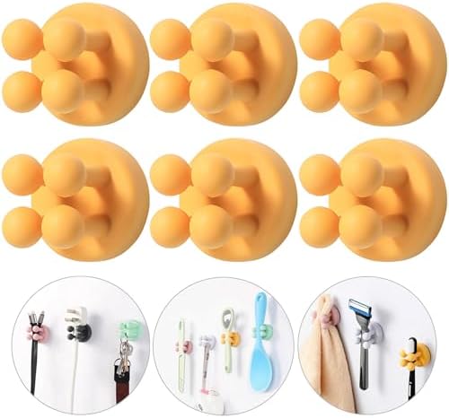 iBetterLife Silicone Toothbrush Shower Holder - 6Pcs Self Adhesive Wall Mounted Single Hook for Hanging Tooth Brushing, Functional Utility Plug Holder for Bathroom Kitchen Living Room Office, Yellow by iBetterLife