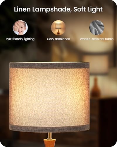 Gray Table Lamp, 14.2" Small Bedside Lamp, Compact Desk Lamp with Gray Linen Lampshade & Dark Walnut Base, Modern Nightstand Lamp for Bedroom, Kid's Room, Office, E26 Socket, LH09TL05 - Image 3
